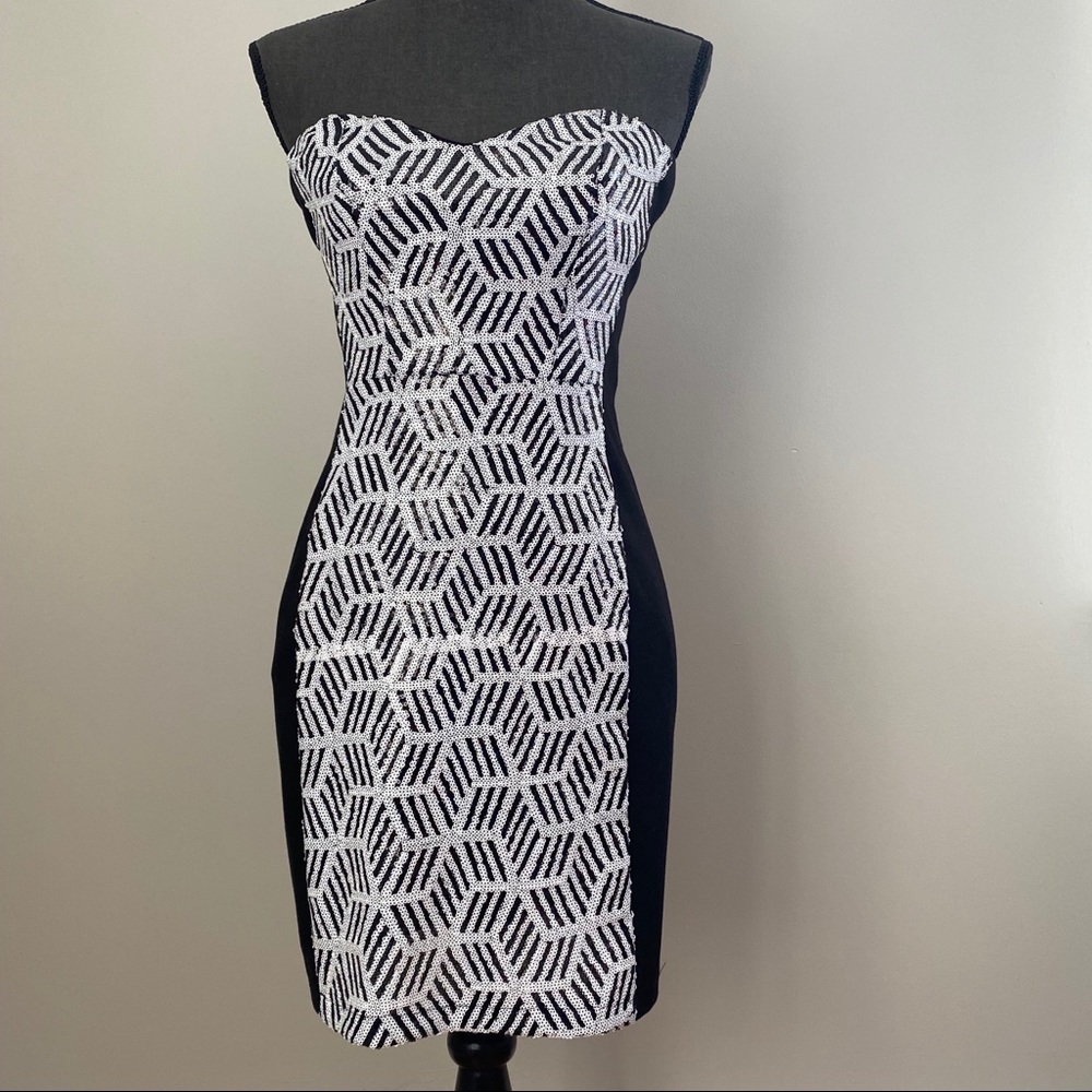 Black and white sequin strapless dress